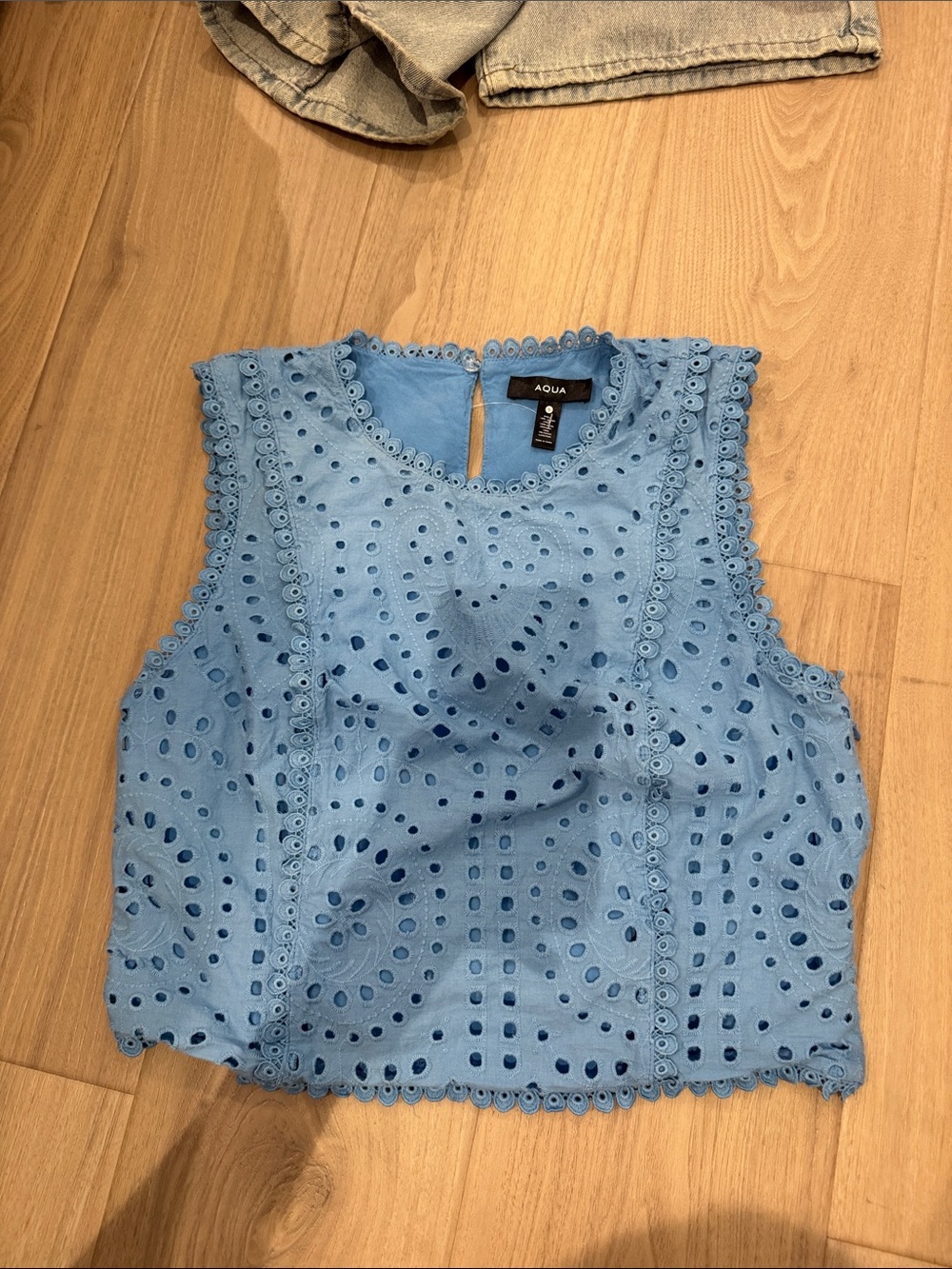 Aqua Baby Blue Eyelet Sleeveless Crop Top